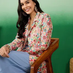 Sangria Pink Printed Notched Lapel Front Open Blazer image 2