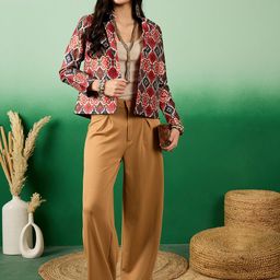 Sangria Red Printed Notched Lapel Front Open Blazer image 3