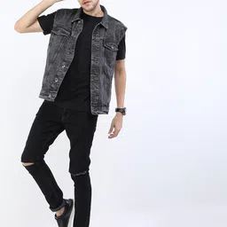 LOCOMOTIVE Men Grey Sleeveless Denim Jacket-33