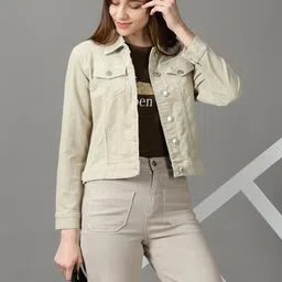 SHOWOFF Women Corduroy Crop Denim Jacket-image-43