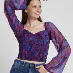 SPYKAR Abstract Printed Sweetheart Neck Bell Sleeves Cotton Crop Top-picture-10