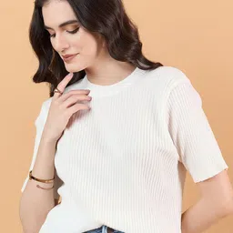 CLAPTON Women Self Design Round Neck Knitted T-shirt-75
