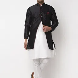 Benstoke Men White & Black Dupion Silk Kurta with Churidar-picture-3