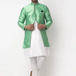 Benstoke Men White Dupion Silk Kurta with Churidar and Jacket-picture-44