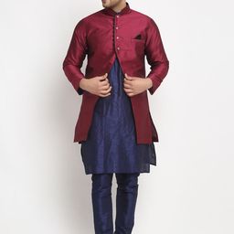 Benstoke Men Navy Blue Dupion Silk Kurta with Churidar-picture-39