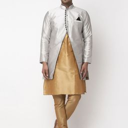 Benstoke Men Copper-Toned Dupion Silk Kurta with Churidar & Nehru Jacket-picture-54