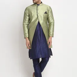 Benstoke Men Navy Blue Dupion Silk Kurta with Churidar-picture-14