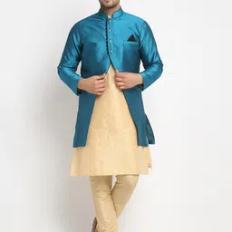 Benstoke Men Gold-Toned & Blue Solid Dupion Silk Kurta with Churidar-image-83