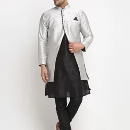 Benstoke Men Black Dupion Silk Kurta Pajama And High Slit Jacket Set-picture-35