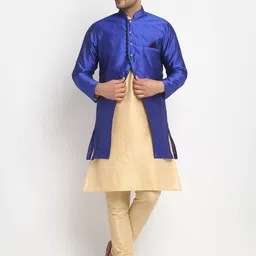 Benstoke Men Gold-Toned Dupion Silk Kurta with Churidar and Jacket set-image-94