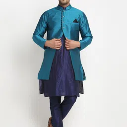 Benstoke Men Navy Blue Silk blend Kurta Churidar and Jacket set-image-50