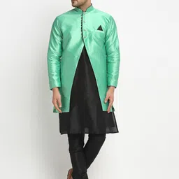 Benstoke Men Black Dupion Silk Kurta Pyjama And High Slit Jacket Set-image-21