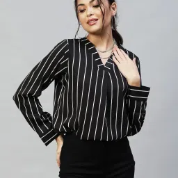 Casual Cap Sleeves Striped Women Black Top-image-57
