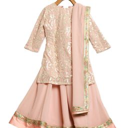 Ethnovog Girls Pink  Gold-Toned Embroidered Made to Measure Lehenga Set With Dupatta-picture-34