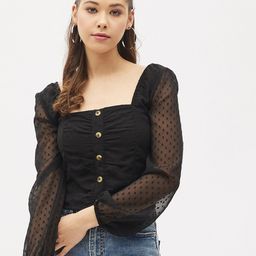 Harpa Black Solid Pleated Casual Sheer Georgette Top-image-81