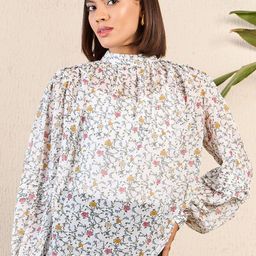 Kibo Floral Print High Neck Cuffed Sleeve Blouse Top-10