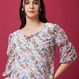 Globus Blue Abstract Printed Tie-Up Puff Sleeve Top-image-102