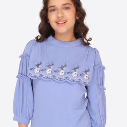 CUTECUMBER Girls Floral Embroidered High Neck Cuffed Sleeve Top-image-33