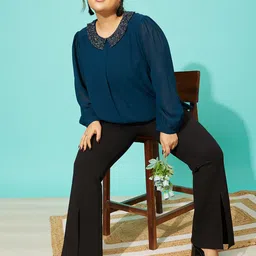 QUIERO MAS Plus Size Peter Pan Collar Cuffed Sleeves Georgette Regular Top-image-25