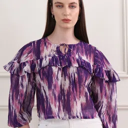 OBSHIVKA Women Abstract Printed Ruffles Tie-Up Neck Puff Sleeves Crop Top-picture-16