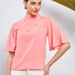 SASSAFRAS Peach-Coloured Embellished High Neck Flared Sleeve Beads & Stones Georgette Top-picture-3