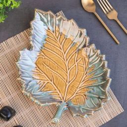 vareesha Mustard Studio Pottery Serrate Leaf Ceramic Platter-picture-40