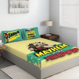 DDecor Yellow & Green Cartoon Characters Flat 210 TC Queen Bedsheet with 2 Pillow Covers-47