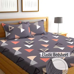 AEROHAVEN Yamuna Purple Printed 240 TC Fitted Cotton King Bedsheet Set-image-46