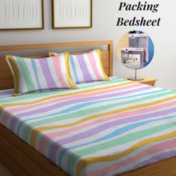 Arrabi Blue & Pink Striped 300 TC King Bedsheet with 2 Pillow Covers-image-38