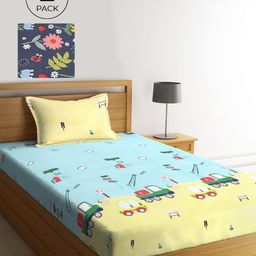 KLOTTHE Blue & Yellow Floral 210 TC 2 Single Bedsheet with 2 Pillow Covers-image-88