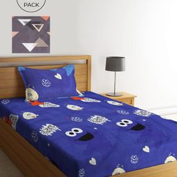 KLOTTHE Grey & Blue Graphic 210 TC 2 Single Bedsheet with 2 Pillow Covers-49