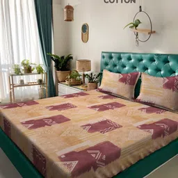 KLOTTHE Orange Geometric Printed 400TC Pure Cotton Double King Bedsheet & Pillow Covers-4