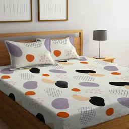 Arrabi Cream-Coloured & Black Printed 300 TC Fitted King Bedsheet with 2 Pillow Covers-image-83