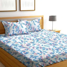 AEROHAVEN Grey & Blue Floral Cotton 240 TC Queen Bedsheet With 2 Pillow Covers-image-39