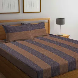 Arrabi Brown & Blue Striped 300 TC Super King Cotton Bedsheet with 2 Pillow Covers-image-66