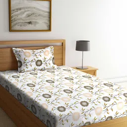 FABINALIV White & Orange Floral 300 TC Single Bedsheet with 1 Pillow Cover-image-72
