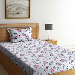 FABINALIV White & Pink Floral 300 TC Single Bedsheet With 1 Pillow Cover-image-81