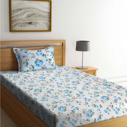 FABINALIV White & Blue Floral 300 TC Single Bedsheet With 1 Pillow Cover-image-80