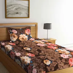 FABINALIV Brown & Pink Floral 300 TC Single Bedsheet with 1 Pillow Cover-76