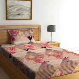 FABINALIV Brown & Pink Printed 300 TC Single Bedsheet with 1 Pillow Cover-1