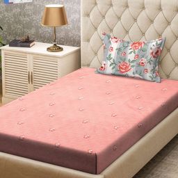 KLOTTHE Pink & Grey Floral Printed 300TC Single Bedsheet & Pillow Cover-image-127