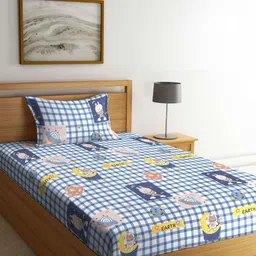FABINALIV Blue & White Cartoon Characters Printed 300 TC Single Bedsheet & Pillow Cover-image-77