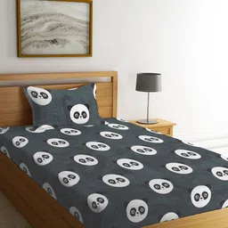FABINALIV Grey Cartoon Print 300 TC Cotton Blend Single Bedsheet with Pillow Cover-1