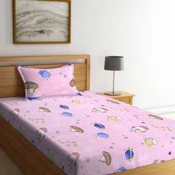 FABINALIV Pink & Blue Cartoon Characters Printed 300 TC Single Bedsheet & Pillow Cover-image-63