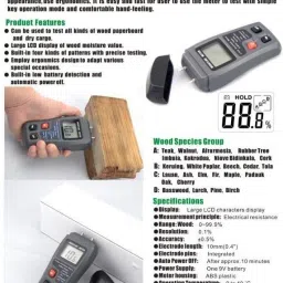 balrama 0-99.9% Two Pins High Quality Digital Wood Moisture Meter Portable Humidity Tester Timber Damp Detector with 2 Pins Sensor + Large LCD Display + 4 Calibrated Wood Groups + 9V Battery EMT01 EMT01 Pin-Type Digital Moisture Measurer image 4