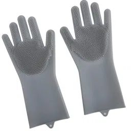 Hand Gloves For Washing Utensils- silicon dish washing gloves with wash scrubbe (Multicolour, 1 Pair, free size) Wet and Dry Glove-image-48