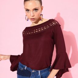 Casual Bell Sleeves Embroidered Women Maroon Top-image-101