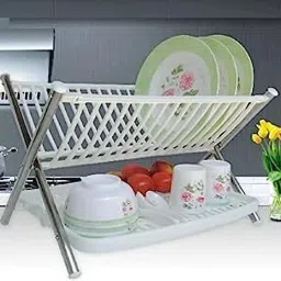 Dish Drainer Kitchen Rack 2-Compartments Foldable Steel & Plastic Dish Rack Plastic-image-46