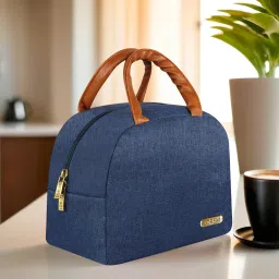 Blue Insulated Tiffin Bag with Leather Handle for School, Office & Outdoor Waterproof Lunch Bag-image-21