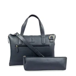 Kara Unisex Navy Blue Solid Leather Laptop Sleeve with Pouch-image-71
